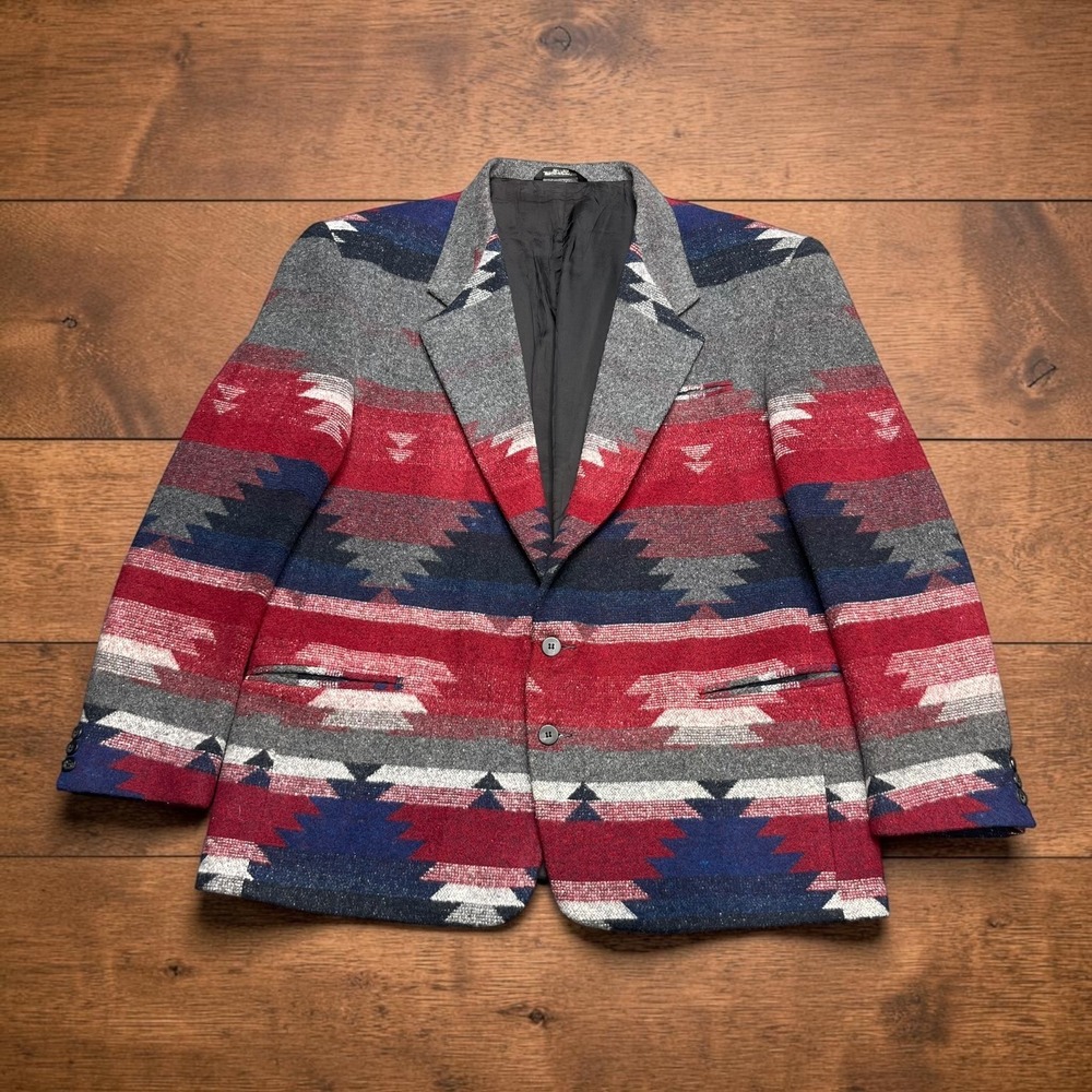 Silverado Vintage Southwestern Aztec Wool Blazer Jacket Red Blue Mens 46R USA